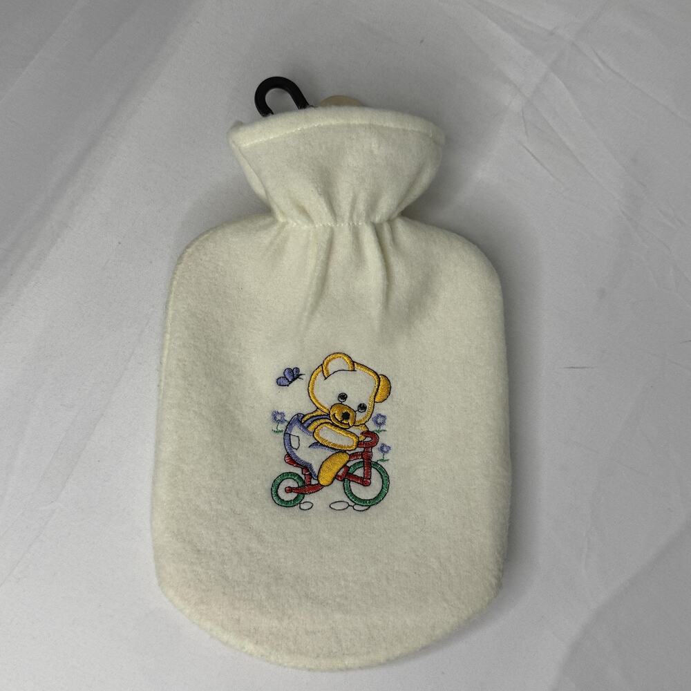 Fashy Kids White Hot Water Bottle Fleece Cover Teddy Bear Bike Germany Vintage